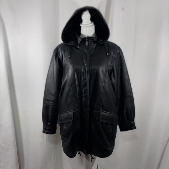 CHARLES KLEIN! CLASSIC BLACK GENUINE LEATHER PARKA STYLE ZIP OFF HOOD COAT! SZ L - Picture 2 of 13
